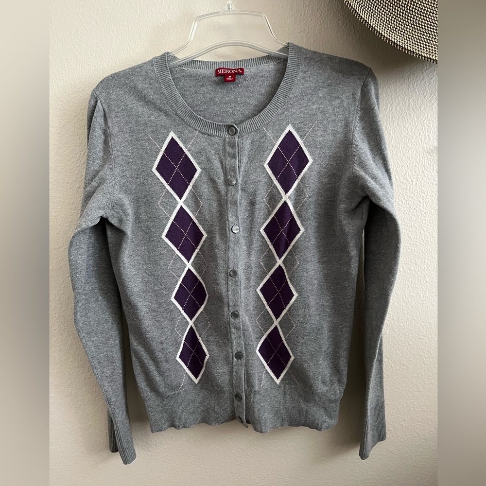 Merona Argyle Purple White Gray Button Down Sweater Size M